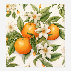 Pattern with orange fruits, flowers and leaves on a light background