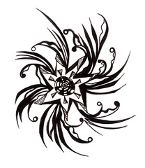 Abstract geometric festive pattern. Line art. Exotic star decorated with fluffy plumage with foliage and curved feathers. Graphic black and white handmade illustration. Stylish cute retro wallpaper.