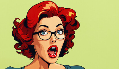 Wow pop art woman face, beautiful surprised young woman in glasses with open mouth and red hair, pop art woman, background in pop art retro comic style, generative ai