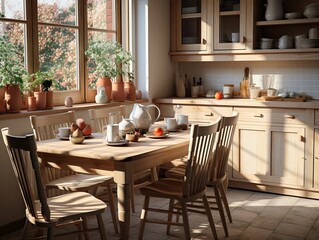 Scandinavian interior of kitchen in pastel off-white tones using light wood: simplicity, minimalism, and functionality. clean lines, neutral colors, and lots of natural light. Generative AI