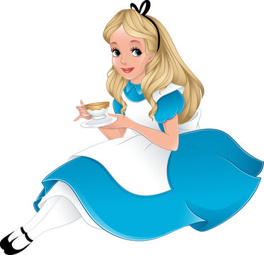 Alice in Wonderland sitting and drinking tea