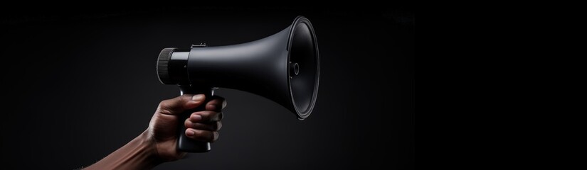 Hand holding black megaphone, space for text, black friday and promotion concept. Generative AI