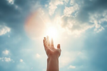 Hands outstretched to the sky and sun rays, concept of faith and gratitude. Generative AI