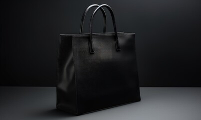 Black shopping bag on black background, space for text, black friday and promotion concept. Generative AI