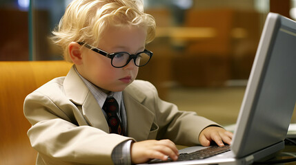 little young kid dressed as professional businessman using a laptop. ambition