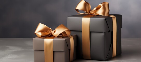 Black gift boxes with ribbon, concept and sales and promotion. Generative AI