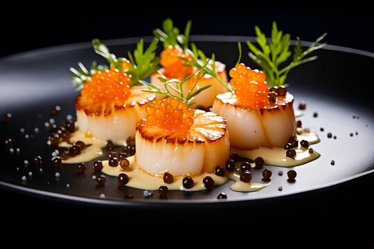 Delicious Luxurious Dish Cooked Roasted Sea Scallops With Orange Caviar And Greens On A Black Background. Michelin Restaurant Meal. Generative AI