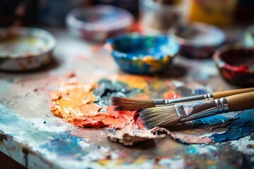 Fototapeta premium The palette comes alive as the brush creates vibrant brushstrokes of many colors