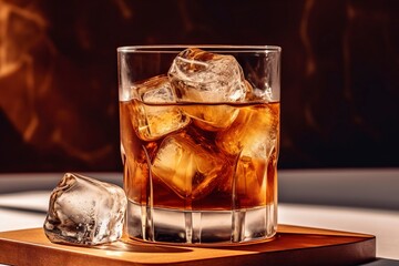 Whiskey on the rock, transparent glass with ice. Ai generated.
