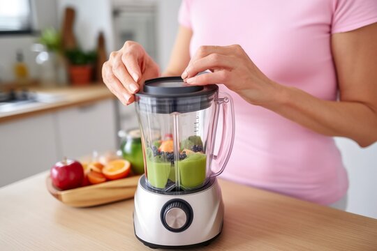 With a blender, the woman effortlessly transforms ripe fruit into a refreshing smoothie.