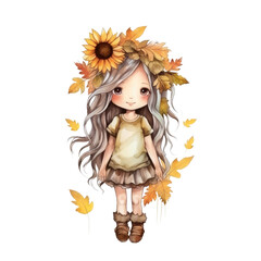 Whimsical Watercolor: Little Girl Surrounded by Pumpkins and Flowers - Autumn Sublimation Design on Transparent Background , Generative AI