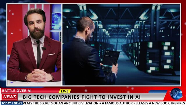 Latest news about businesses adopting AI technology for company and profit development, experts trying to invest in artificial intelligence. Media presenter covers IT topic in newsroom.