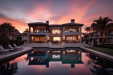 The white facade of the luxurious mansion glows with the warm hues of the sunset, creating a breathtaking picture of beauty and sophistication. - obrazy, fototapety, plakaty