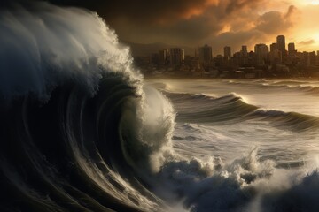 Giant wave coming towards the city, global catastrophe and apocalypse concept. Generative AI