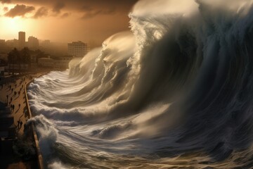 Giant wave coming towards the city, global catastrophe and apocalypse concept. Generative AI