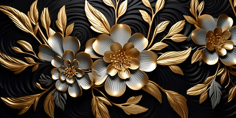 3d mural floral wallpaper. golden and white flowers and leaves. 3d render background wall decore, 3d golden flowers seamless pattern floral, generative Ai