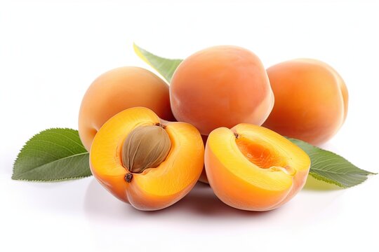 Ripe fresh apricots whole and cut in half on a white background.