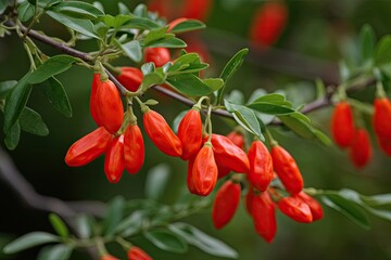 Fresh red goji berries on lush green leaves. A burst of colorful health and nutrition from nature's organic harvest.