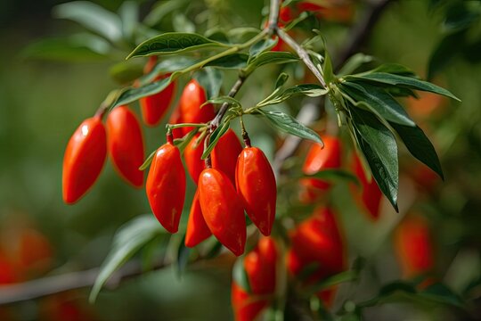 Close-up of fresh red goji berries on the plant's lush green leaves, a colorful and healthy harvest.