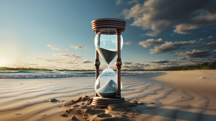 An hourglass sitting on top of a sandy beach - obrazy, fototapety, plakaty