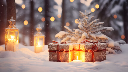 Christmas Gift Boxes on Fresh Snow: Vibrant Wrapping Contrasting with Snowy Trees and Lamp. Generative Ai. 