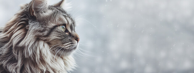 Old cat looking into distance on gray background. Space for advertising project or design with pets. Generative Ai content - obrazy, fototapety, plakaty