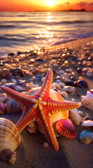 Starfish and seashells on the seashore in the golden hour of sunset. Starfish and a row of shells lying on the beach during the sunset. Made with generative AI.