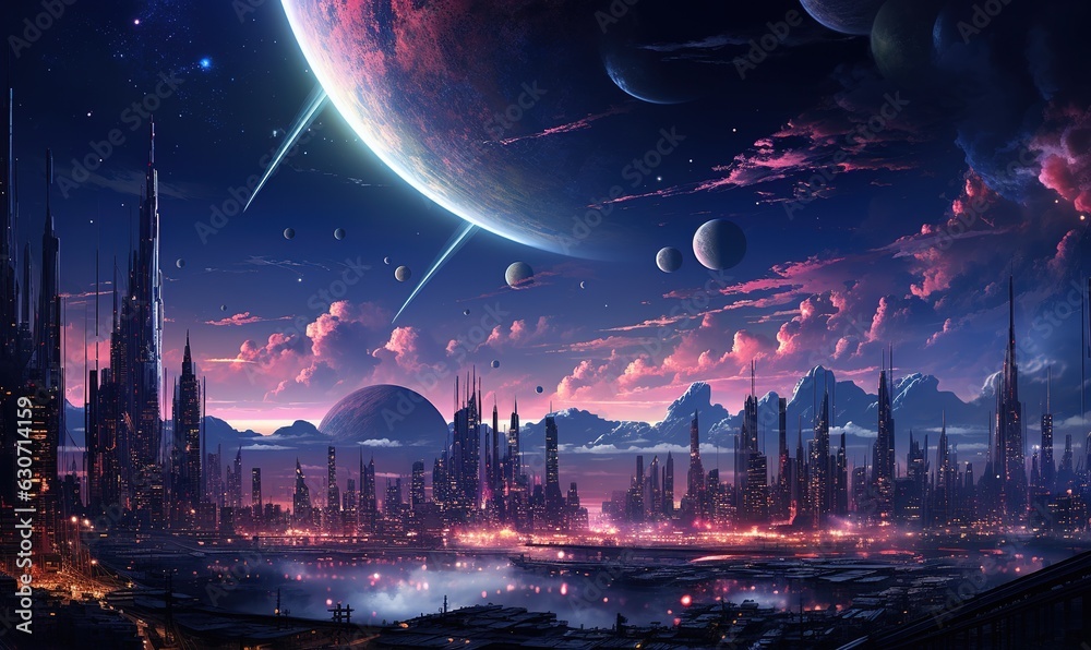 Wall mural An astronaut on an alien planet in front of the light of the space-time portal. exploration of the science fiction universe.
