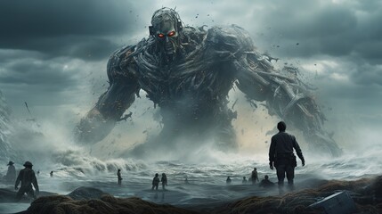 Sci-fi military giant war machine. Humanoid robot in apocalypse countryside. The concept of dystopia, science fiction, mecha and combat technology. - obrazy, fototapety, plakaty