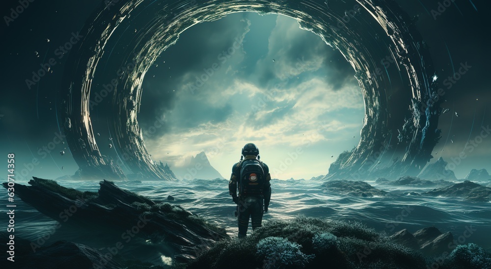 Wall mural an astronaut on an alien planet in front of the light of the space-time portal. exploration of the s