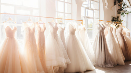 Various elegant wedding dresses in shop