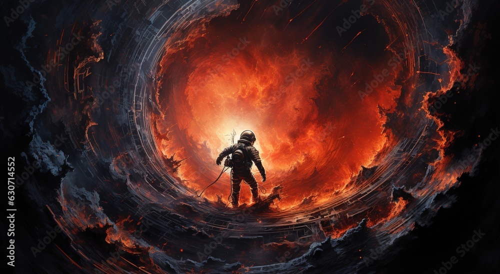 Wall mural an astronaut on an alien planet in front of the light of the space-time portal. exploration of the s