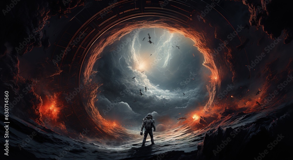 Wall mural an astronaut on an alien planet in front of the light of the space-time portal. exploration of the s