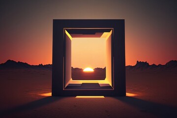 Frame, portal on mountains background Futuristic concept, Generative Ai