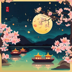 Happy Mid-Autumn Festival, Chinese translation Mid-Autumn, beautiful night view with a full moon, flowers, trees, mountains, lake, gazebo ships