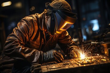 Welder welding metal using his welding mask, protective apron, protective gloves, safety shoes, ultra realisitc