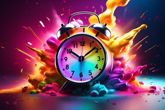 Vibrant Burst: Colorful Alarm Clock Exploding with Color. Generative AI
