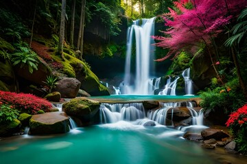 waterfall in mountain with flowers generated by AI tool