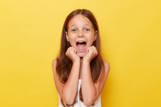 Overjoyed extremely happy little girl with ponytails standing isolated over yellow background screamign with clecnhed fits rejoicing her dream comes true.