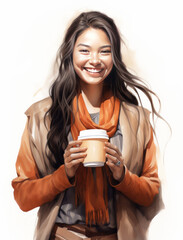Smiling Young Indigenous Woman with Coffee in a Small To-Go Cup, Autumn, Pumpkin Spice Latte