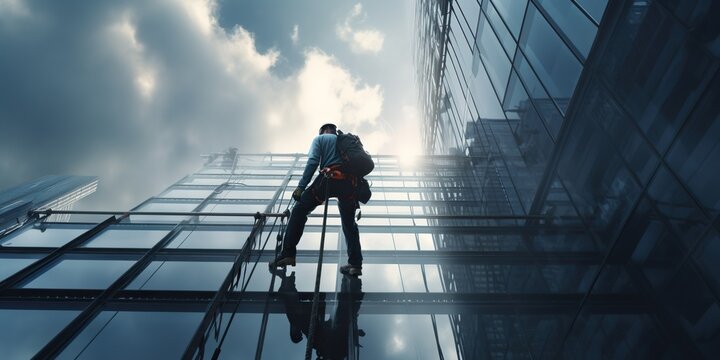 An industrial climber hangs at heights, skillfully and safely performing complex tasks on buildings and structures. Generative AI