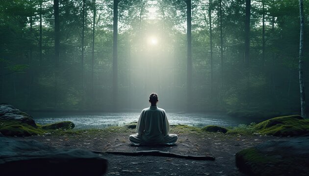 Man Deep Soul Meditating In The Nature Forest Relaxing Runaway Meditation Concept Generative AI