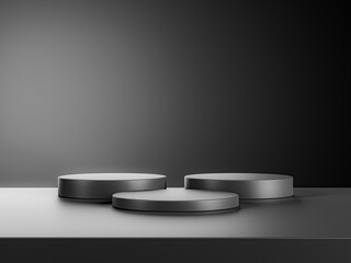 Simple blank luxury black gradient background with product display platform. Empty studio with circle podium pedestal on a black backdrop