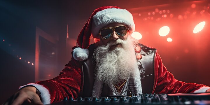 Santa Claus at the DJ console creating a magical atmosphere on the dance floor, blending festive tunes with holiday vibes. Generative AI