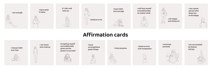 Affirmation cards with young girls. Positive quotes, phrases, sayings.  Self-care positive and motivational cards for mental health. Emotional well-being. Hand-drawn line art vector illustration.
