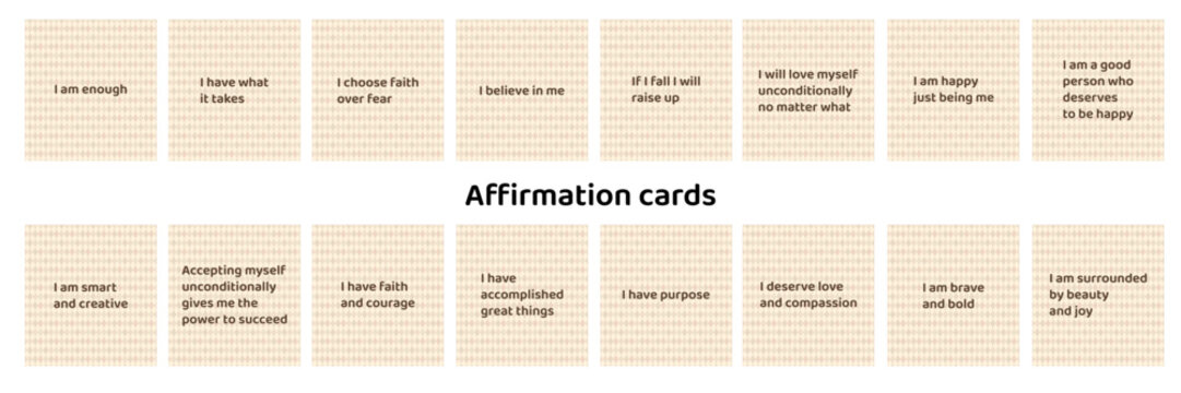 Patterned affirmation cards. Positive quotes, phrases, sayings.  Self-care positive and motivational cards for mental health. Emotional well-being. Abstract vector illustration.