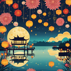 Happy Moon Festival, appreciate view in a gazebo with a great river scene and beautiful fireworks and mountains, and flowers in the background