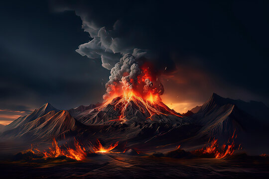 The volcano erupted and emitted thick smoke. AI technology generated image
