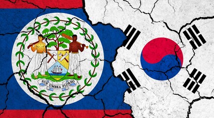 Flags of Belize and South Korea on cracked surface - politics, relationship concept