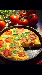 Colorful delicious Frittata. Very contrasty light is bringing the depth and vibrancy of this tasteful dish.